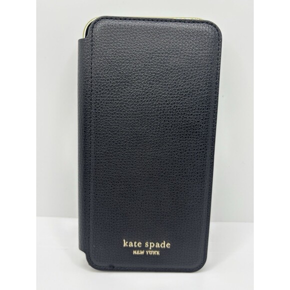 Kate Spade New York Leather Phone Case Wallet Black Gold Wrap Folio Case - Picture 1 of 11